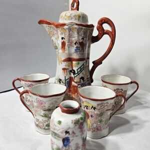Antique Japan Oriental Chocolate TEA Pot Set Vase 9 Piece Japanese Garden